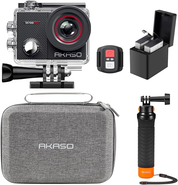 AKASO EK7000 Pro action camera with its floating hand grip, waterproof housing and carry bag