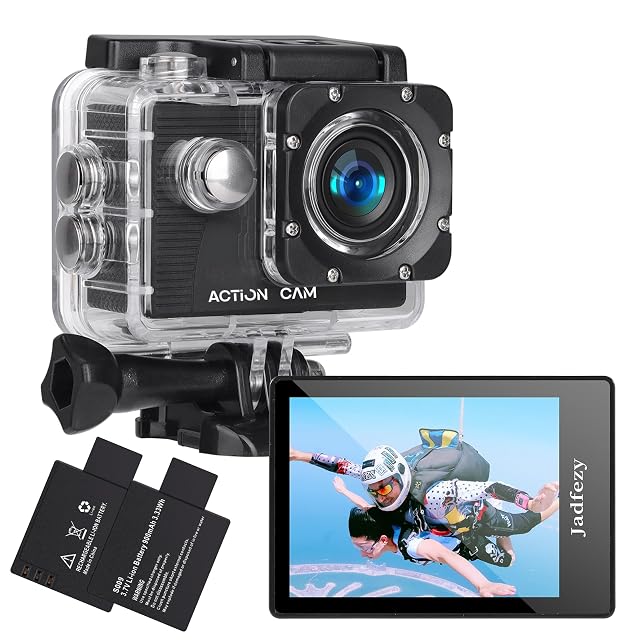 Jadfezy J-03 black action camera beside its waterproof housing and mounting accessories