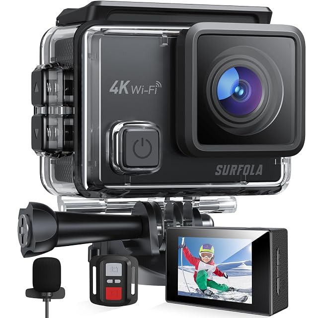 Surfola SF230 action camera with its waterproof housing, remote control and two batteries