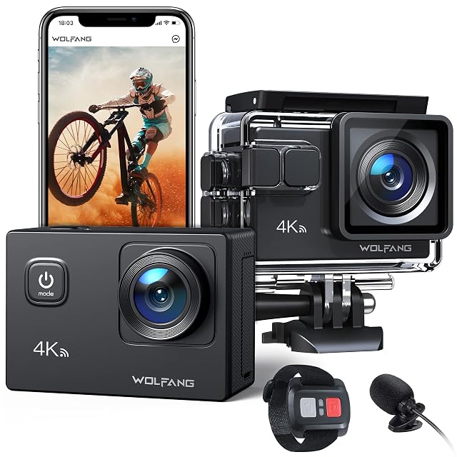 WOLFANG GA100 action camera with waterproof housing, remote, microphone and two batteries