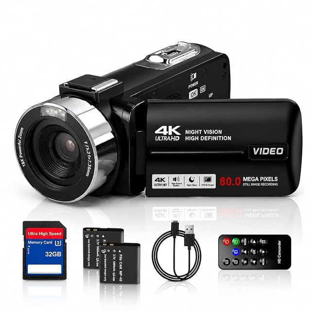 Aroeally HDV03 black camcorder with a remote control and two batteries