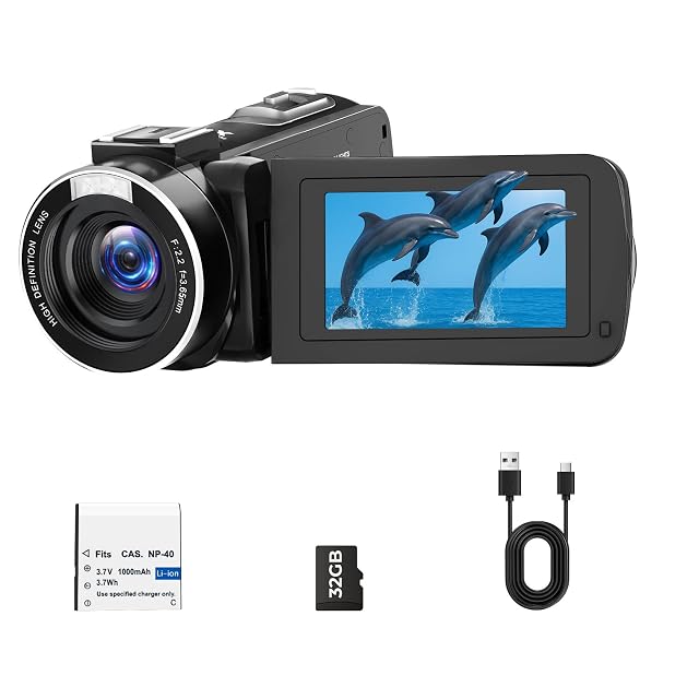 CAMWORLD AC25 black camcorder with its screen swung out and LED light on top