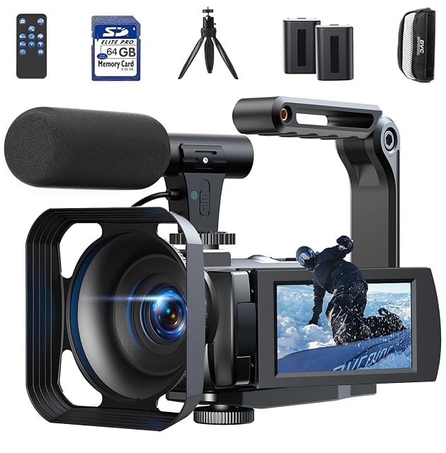 FIREFOTO AC12C black camcorder with its folding handheld stabiliser and remote