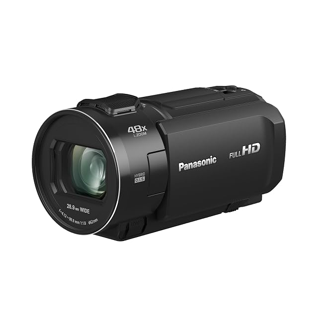 Panasonic HC-V900 black camcorder with its lens extended and touchscreen open