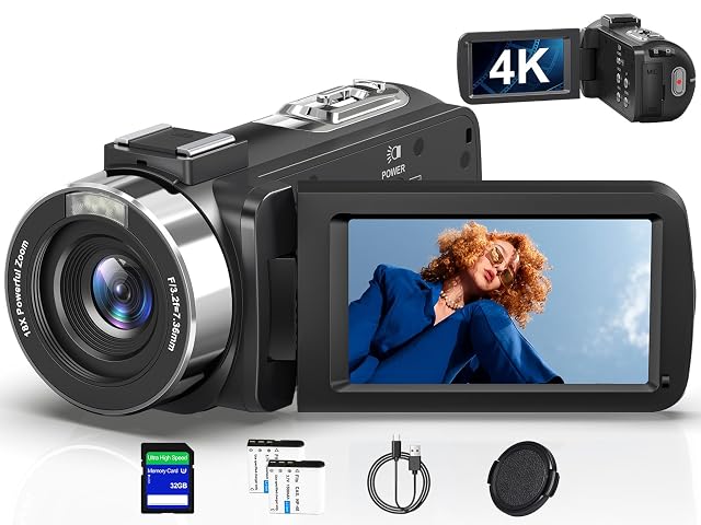 PITIKI V112 black camcorder with its flip-out screen and microphone socket