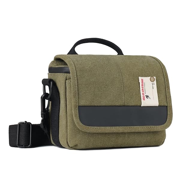 Besnfoto canvas camera shoulder bag with its flap open showing the foam interior