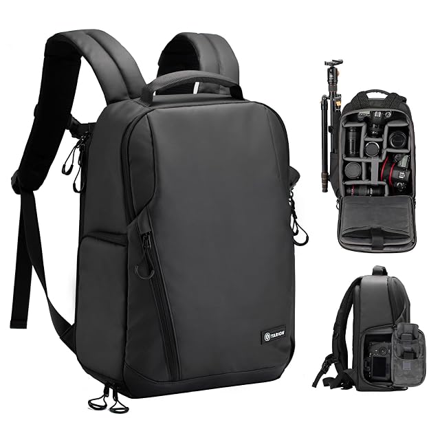 TARION TR-L camera backpack with its side access open and rain cover beside it