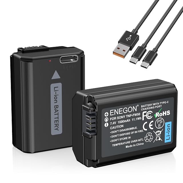ENEGON NP-FW50 batteries with their USB-C ports and the 2-in-1 charging cable