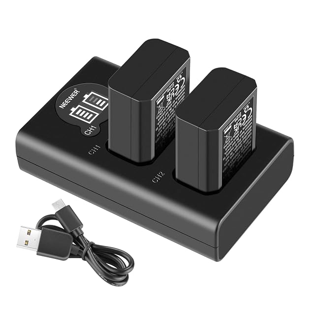 NEEWER dual battery charger with LCD display and two NP-FW50 cells