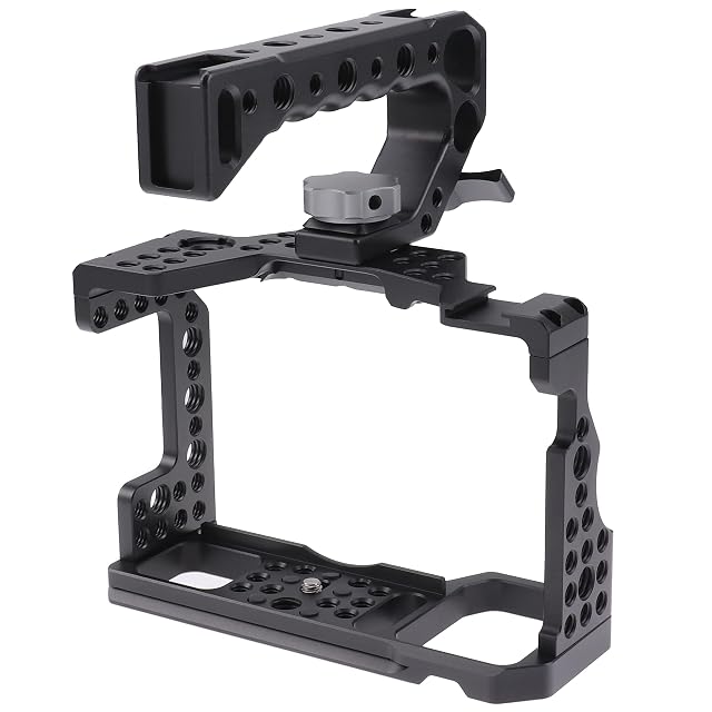 Hersmay aluminium camera cage on a Sony body with its top handle and cold shoes