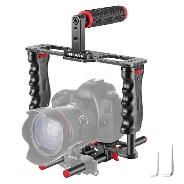 NEEWER universal camera cage in black and red with two hand grips and 15 mm rods