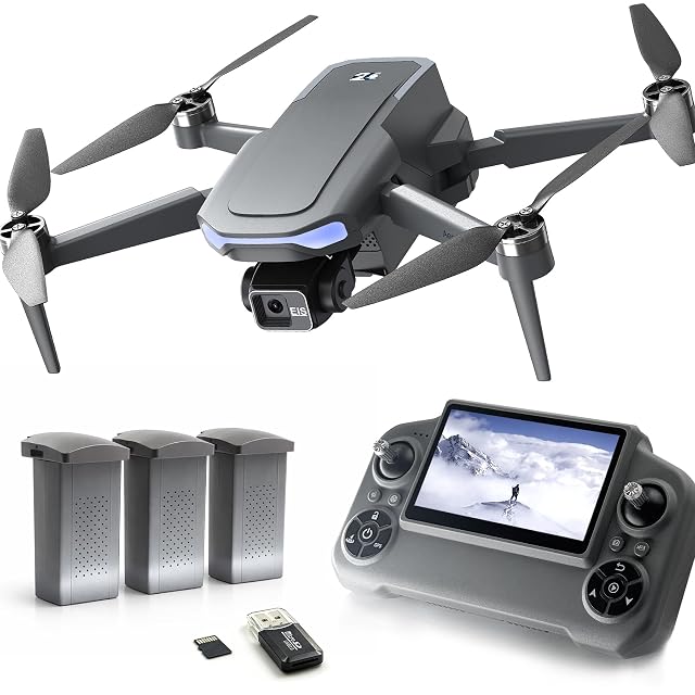 YIKKEON C20 folding drone with a three-axis gimbal beside a controller with a built-in screen