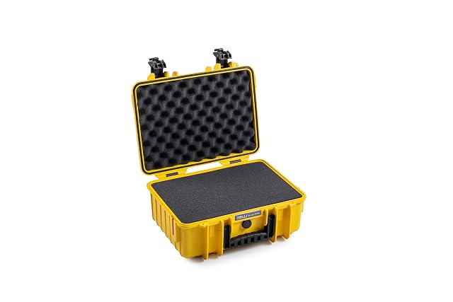 B&W International yellow Type 4000 case open with its cubed foam layers