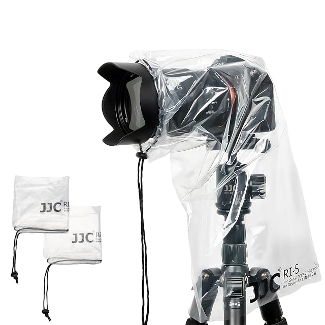 JJC transparent disposable rain cover over a mirrorless camera and lens