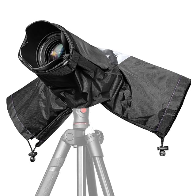 JZK rain cover fitted over a reflex camera with its clear rear panel visible