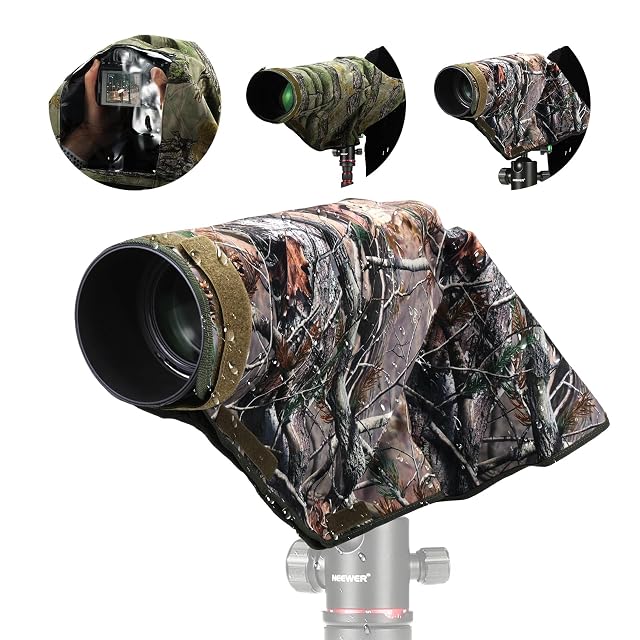 NEEWER PB020 camouflage rain cover over a telephoto lens on a tripod