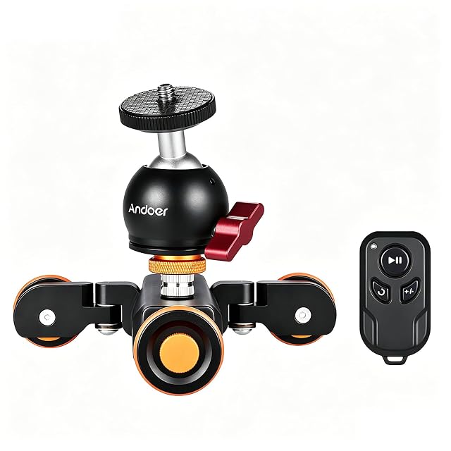 Andoer L4 PRO motorised dolly on three wheels with its wireless remote and ball head
