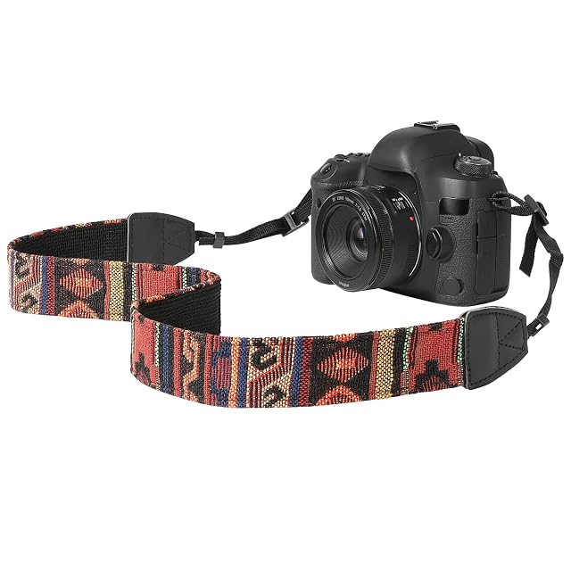 MoKo vintage-patterned cotton camera strap with its leather ends