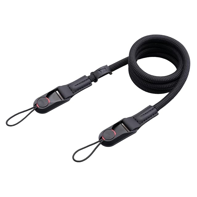 VKO round woven camera cord strap with its leather joints and quick-release