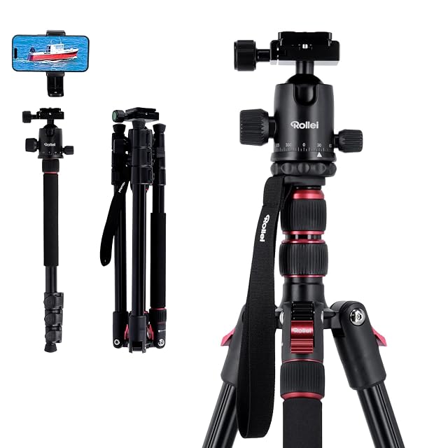 Rollei Compact Traveler No.2 tripod in black and red with its ball head and mounted spikes