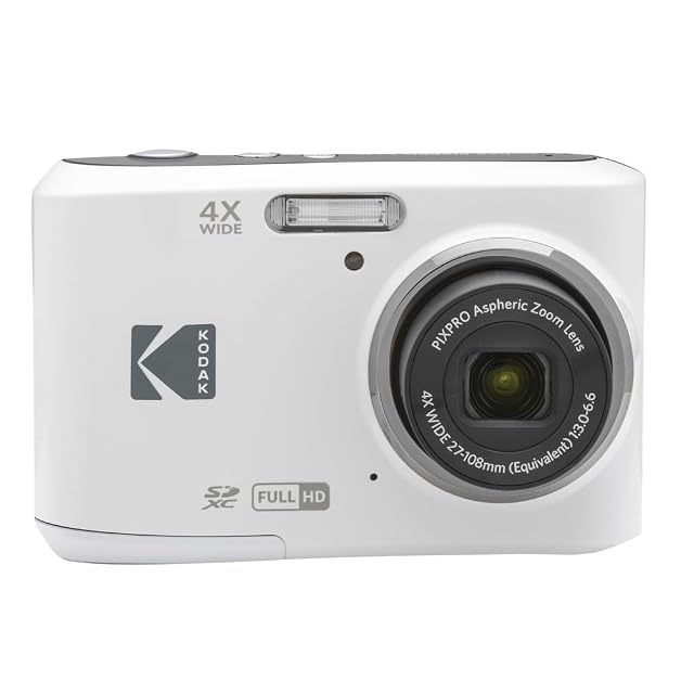 Kodak Pixpro FZ45 white compact camera with a small lens and a 2.7 inch rear screen