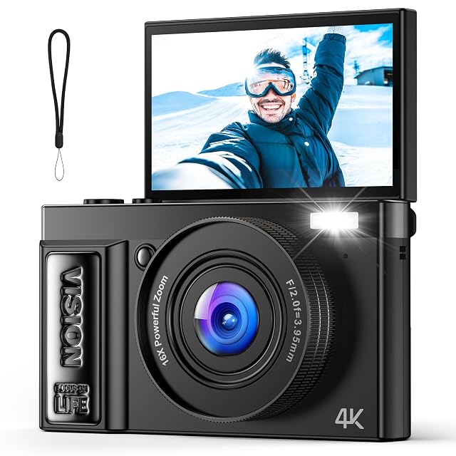 QIUOIO A9 black compact camera with its rear screen flipped forward for selfies