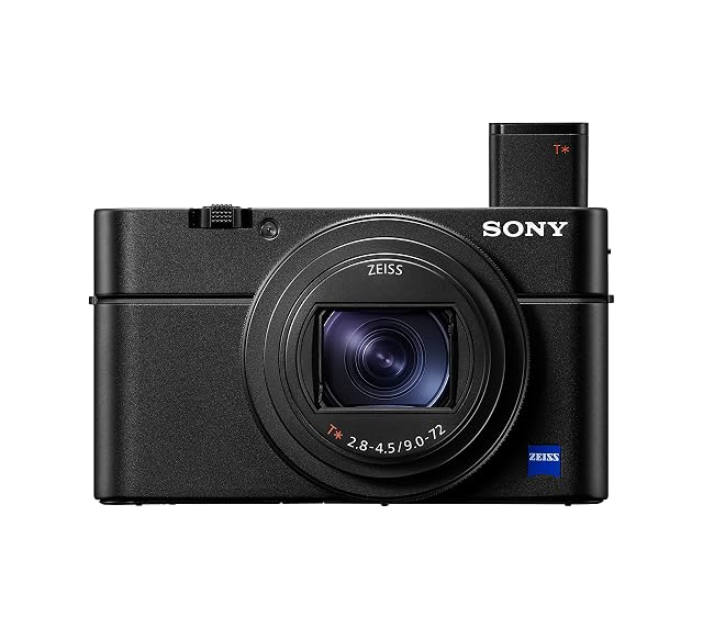 Sony RX100 VII black pocket compact camera with its Zeiss zoom lens extended