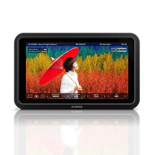 Atomos Shinobi II slim field monitor on a gimbal rig showing an HDR image