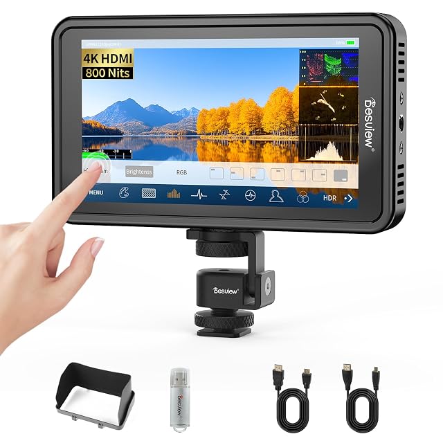 Desview R5II monitor on a camera, its sun hood attached, showing a waveform