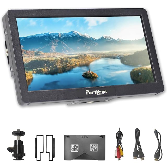 Portkeys HD7H field monitor with its sun hood fitted, showing false colour
