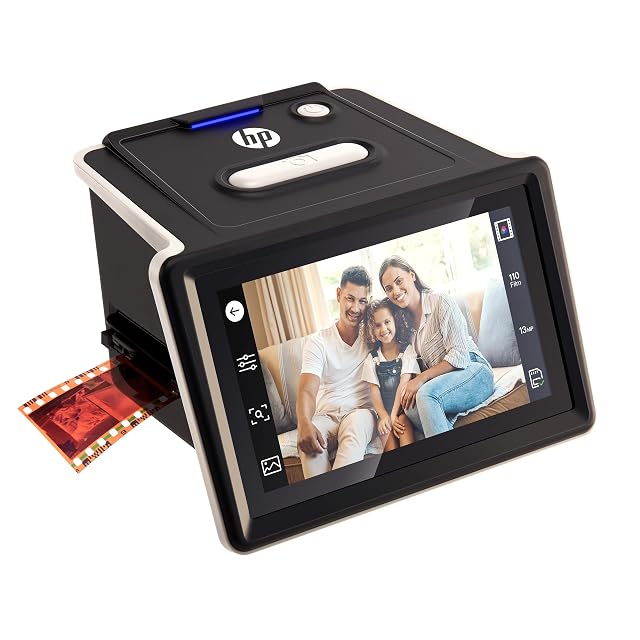 HP FilmScan with its touchscreen in gallery view and its film adapters beside it