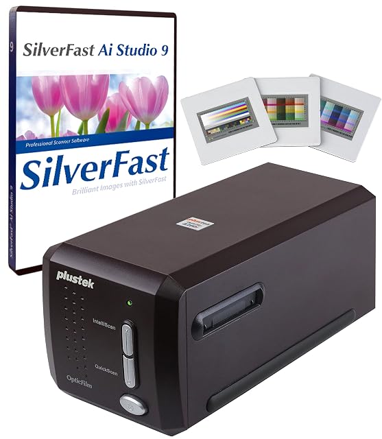 Plustek OpticFilm 8300i Ai with a film holder inserted, beside its IT8 target slides