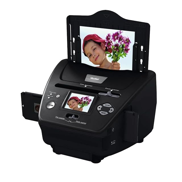 Rollei PDF-S 240 SE scanner with its 2.4-inch screen showing a scanned slide