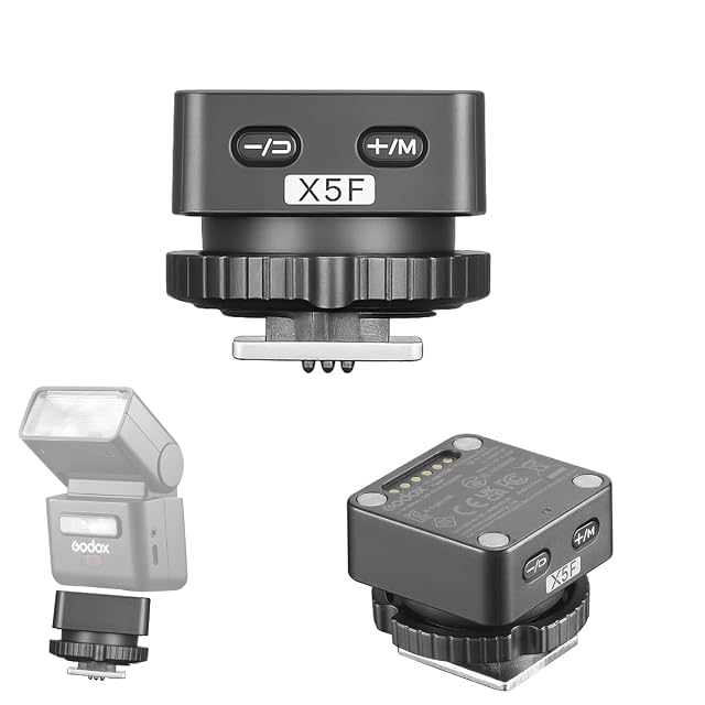 Godox X5F flash trigger in black, a small hot shoe unit with a locking ring