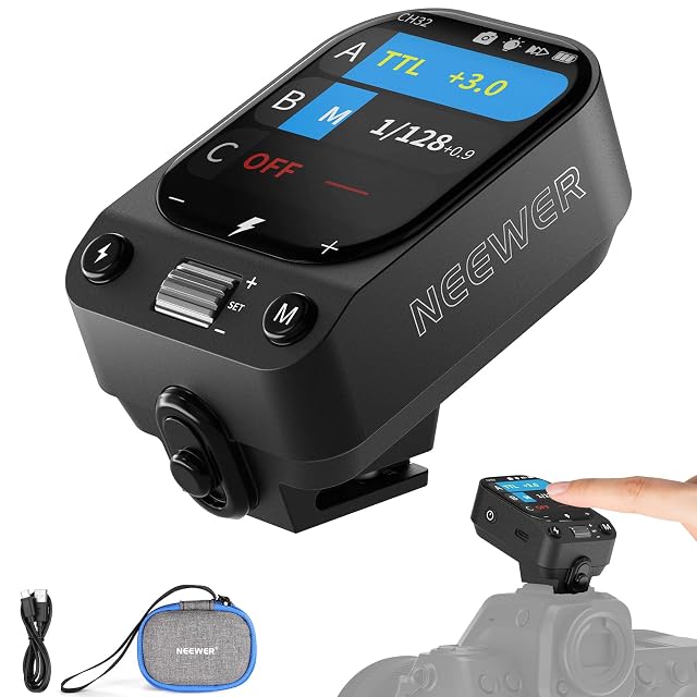 NEEWER QZ-N flash trigger with a touchscreen display on a camera hot shoe