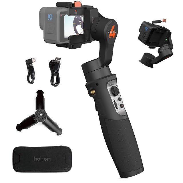 hohem iSteady Pro 4 black three-axis gimbal holding an action camera
