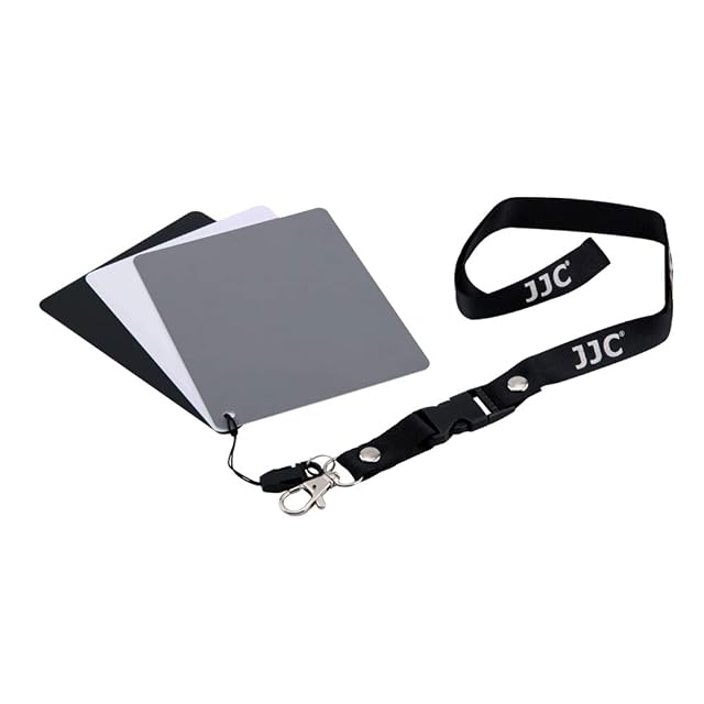 JJC set of three PVC grey, white and black cards with their clip strap