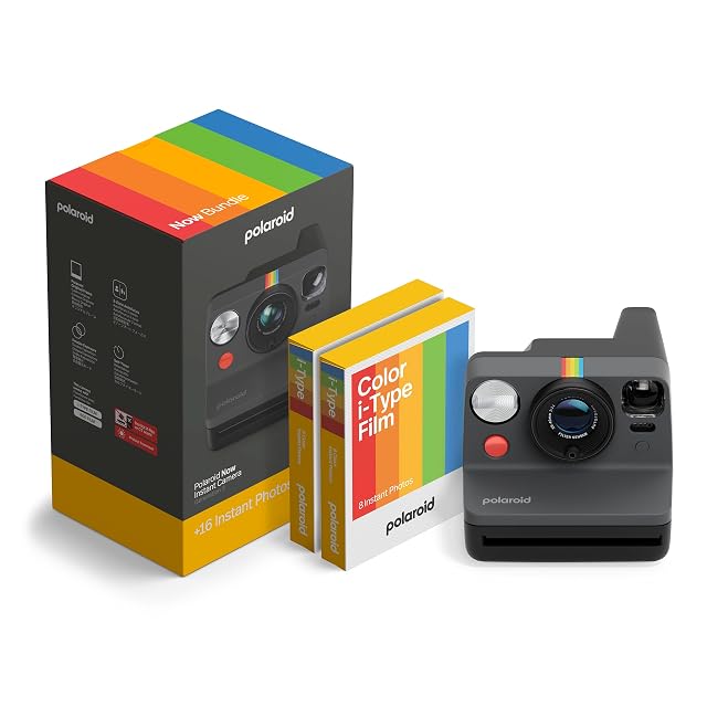 Polaroid Now Generation 3 black instant camera with its twin lens front and film pack beside it