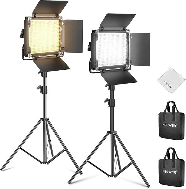 Pair of NEEWER 660 LED panels with barn doors on aluminium stands