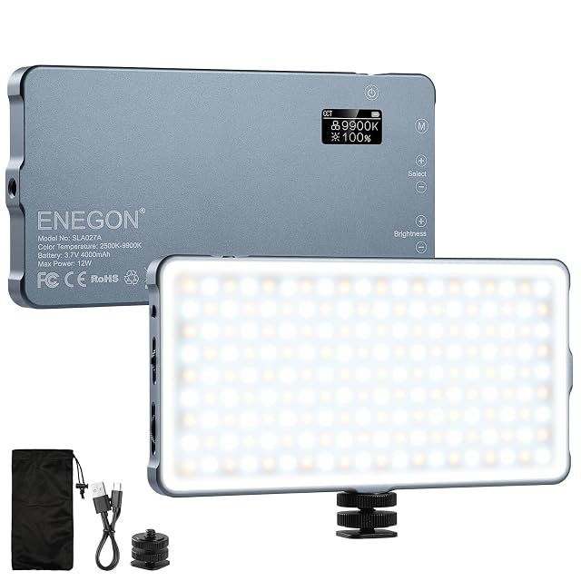 ENEGON bi-color LED video panel with its OLED display