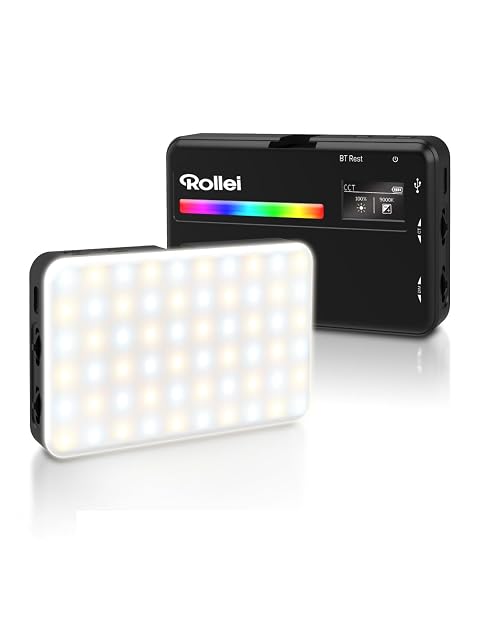Rollei LUX Compact RGB light panel in black, about the size of a smartphone, with an OLED screen