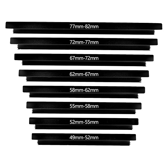 Belmalia set of eight black anodised step-up rings laid out in order of size