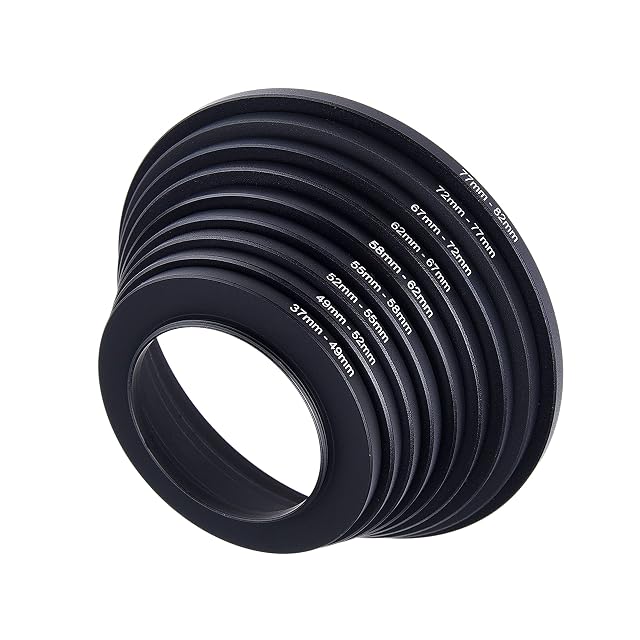 CamKix nine step-up rings arranged from 37 mm to 82 mm