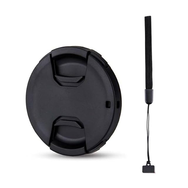 JJC 52 mm centre-pinch lens cap with its elastic keeper cord attached