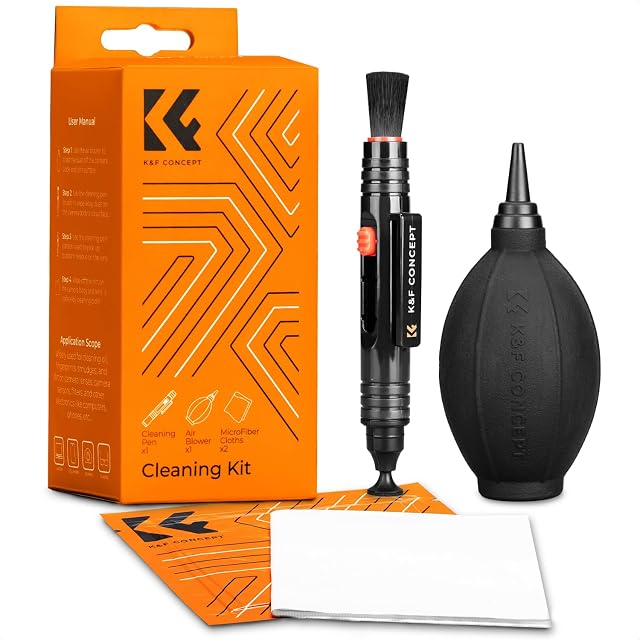 K&F Concept cleaning kit with its valved air blower and microfibre cloth