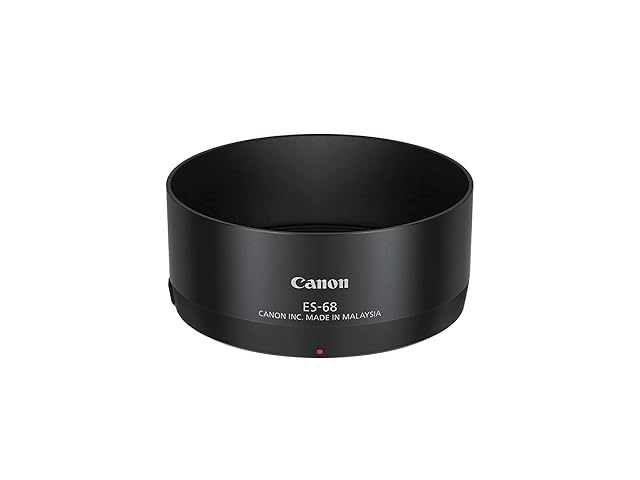 Canon ES-68 lens hood, black, upright on a white surface
