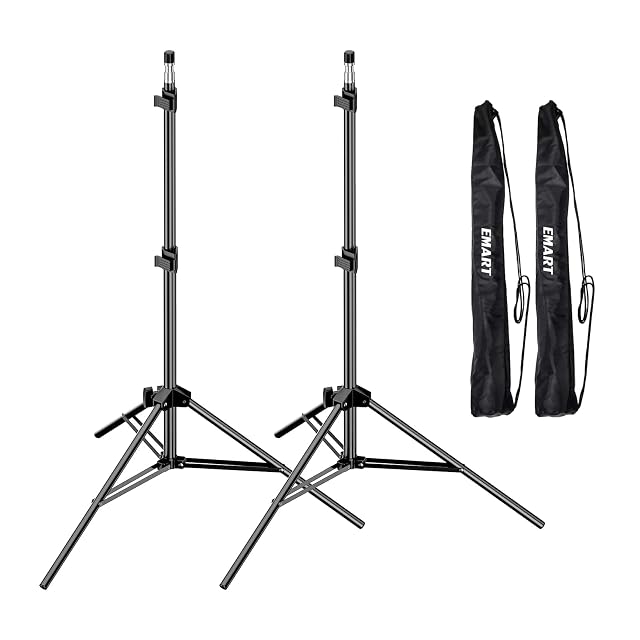 Pair of EMART aluminium light stands extended, with their black nylon carry bags