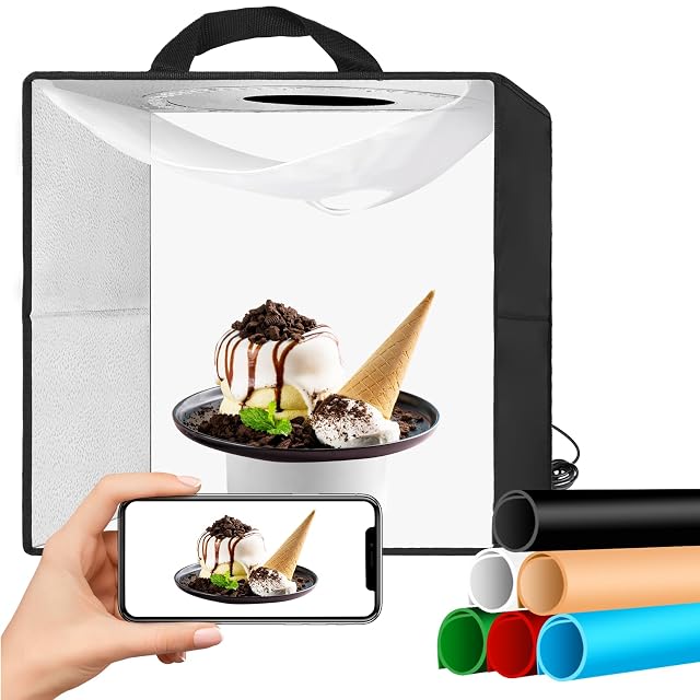EMART 40 cm light tent with its carry handle, backgrounds and USB lead
