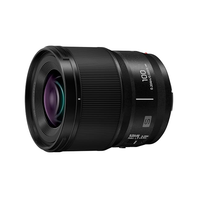 Panasonic Lumix S-E100 macro lens in black, a short barrel for a full-frame 100mm