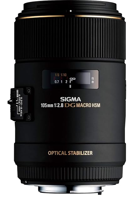 Sigma 105mm F2.8 EX macro lens in black with a textured focus ring and a Canon EF mount